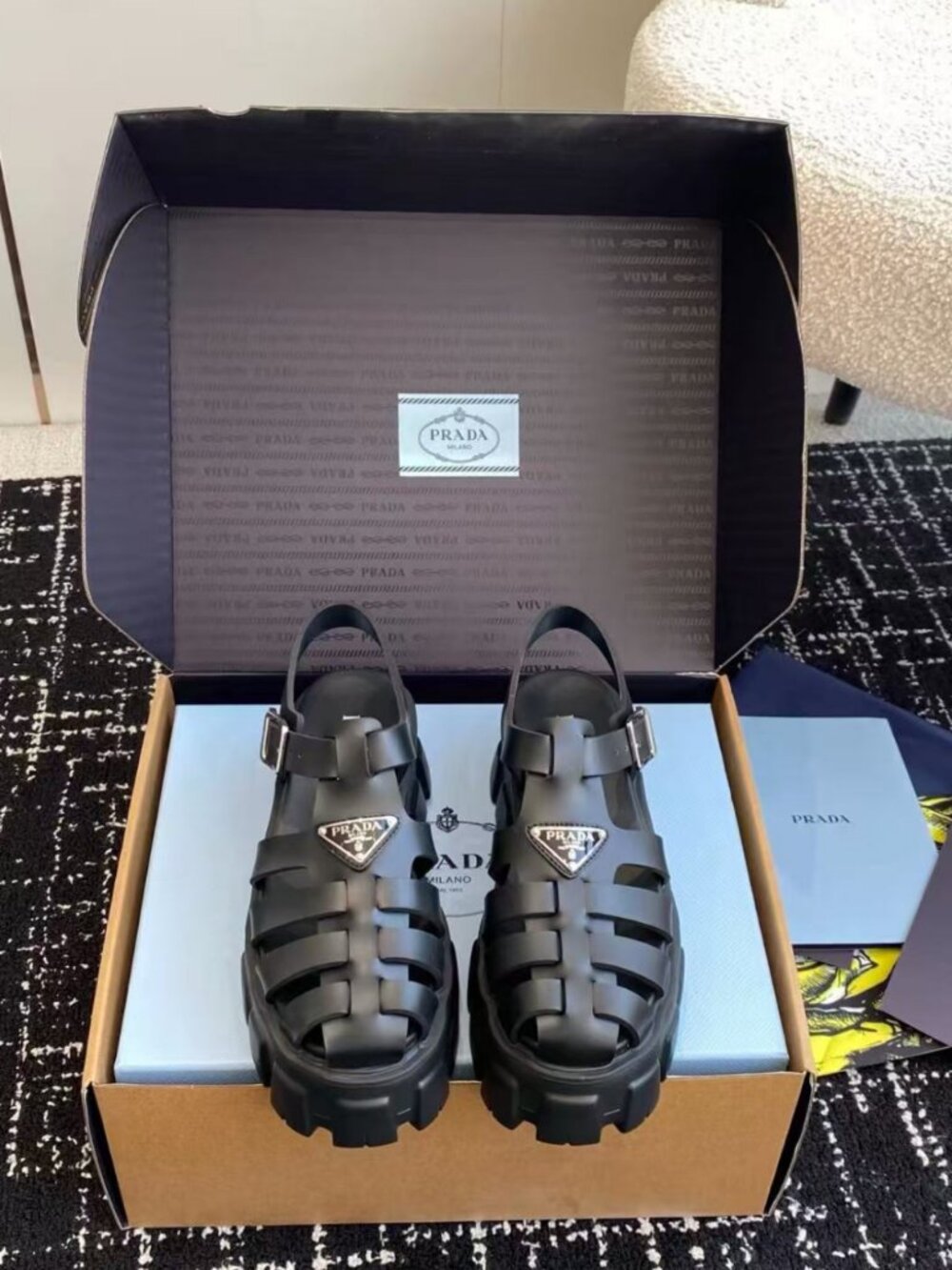 Prada Black Woven Platform Fisherman Sandals